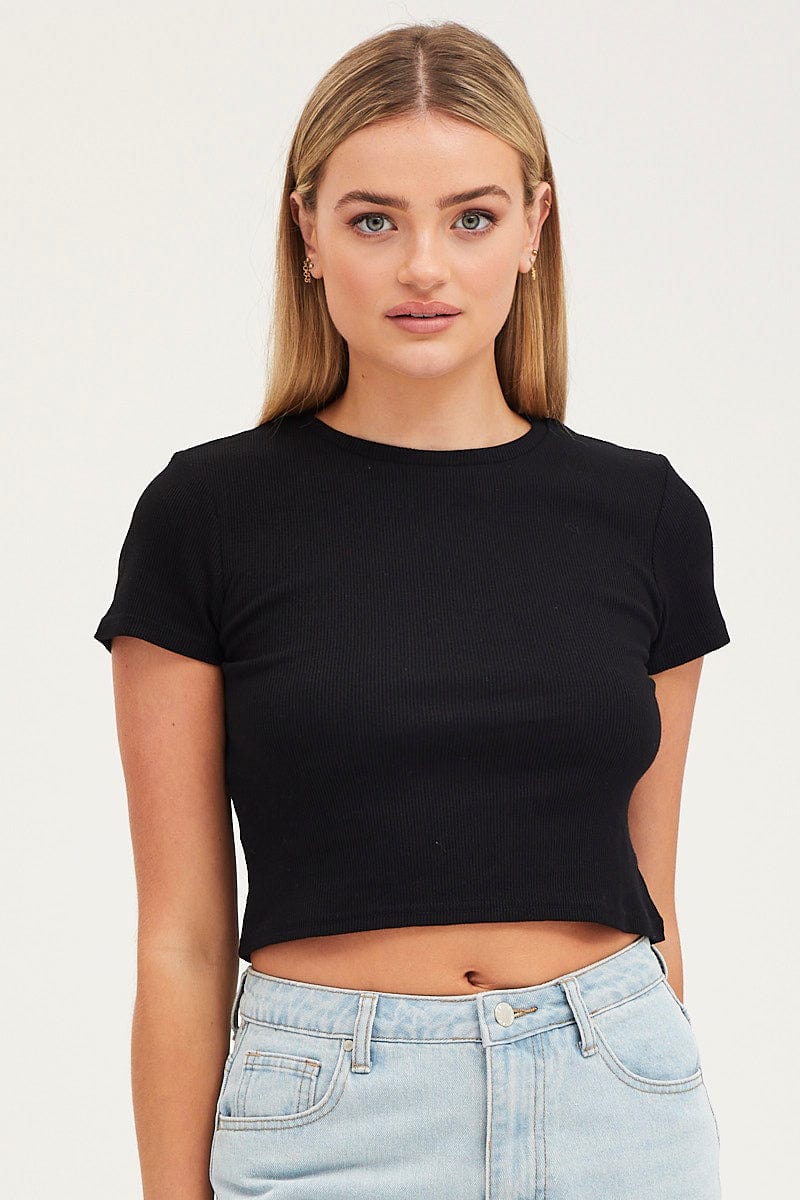 T-SHIRT Black T Shirt Short Sleeve Crew Neck for Women by Ally