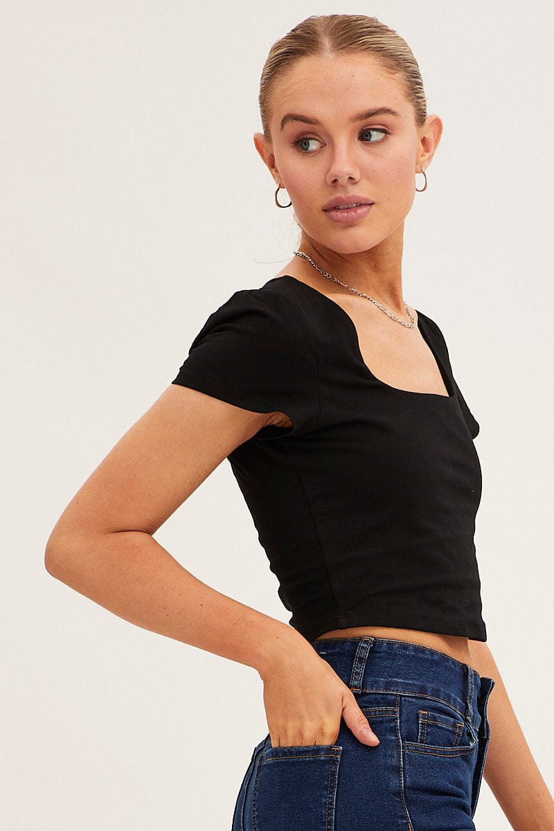 T-SHIRT Black T Shirt Short Sleeve Crop Cotton for Women by Ally