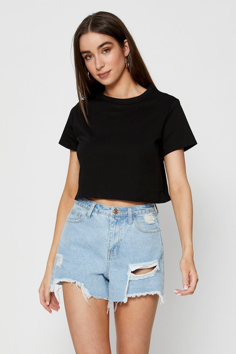 T-SHIRT Black T Shirt Short Sleeve Crop Crew Neck Cotton for Women by Ally