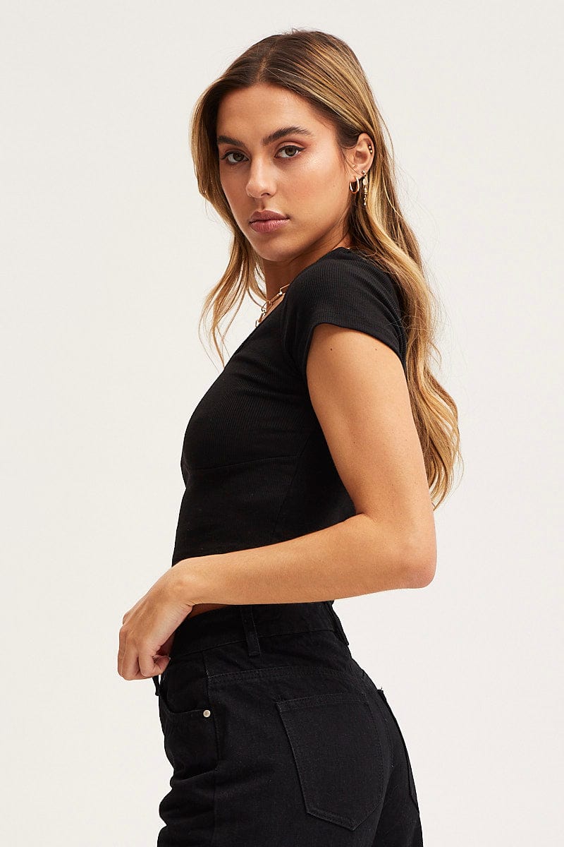 T-SHIRT Black Top Short Sleeve Round Neck for Women by Ally
