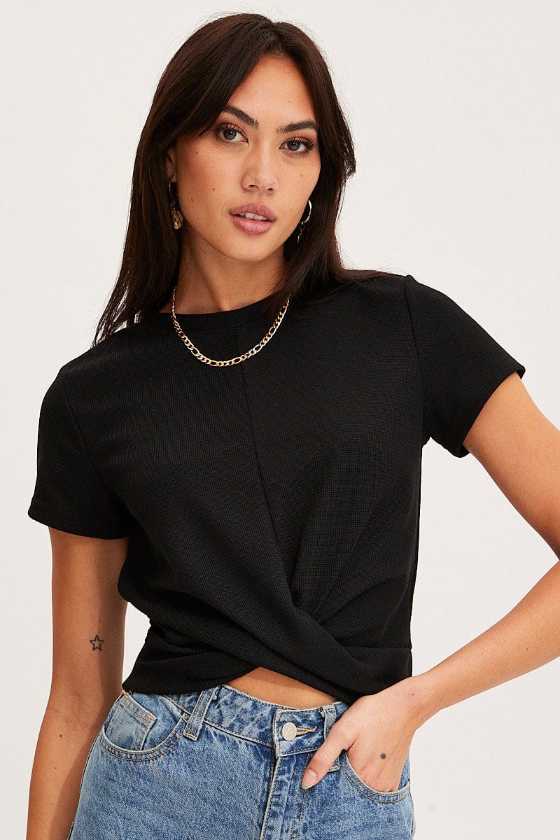 T-SHIRT Black Twist Top Short Sleeve Crew Neck for Women by Ally