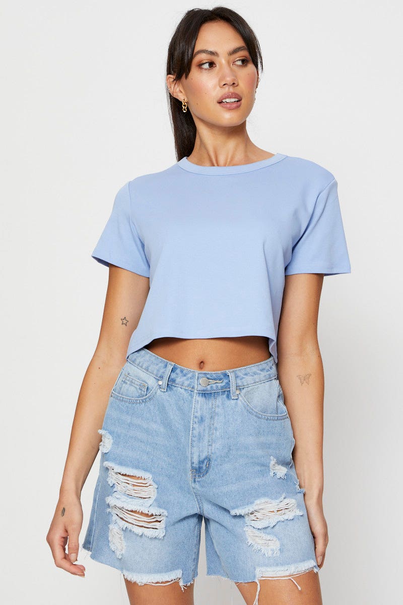 T-SHIRT Blue T Shirt Short Sleeve Crop Crew Neck Cotton for Women by Ally