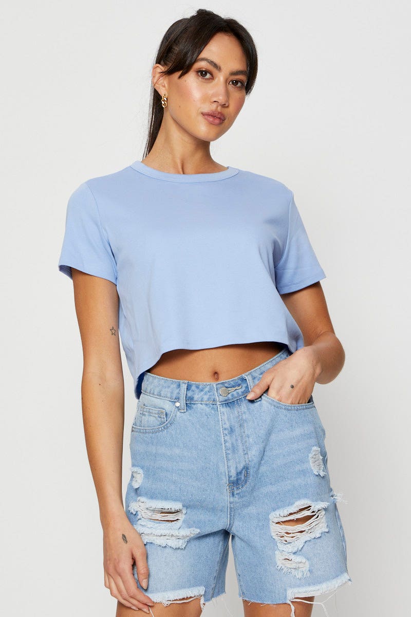 T-SHIRT Blue T Shirt Short Sleeve Crop Crew Neck Cotton for Women by Ally