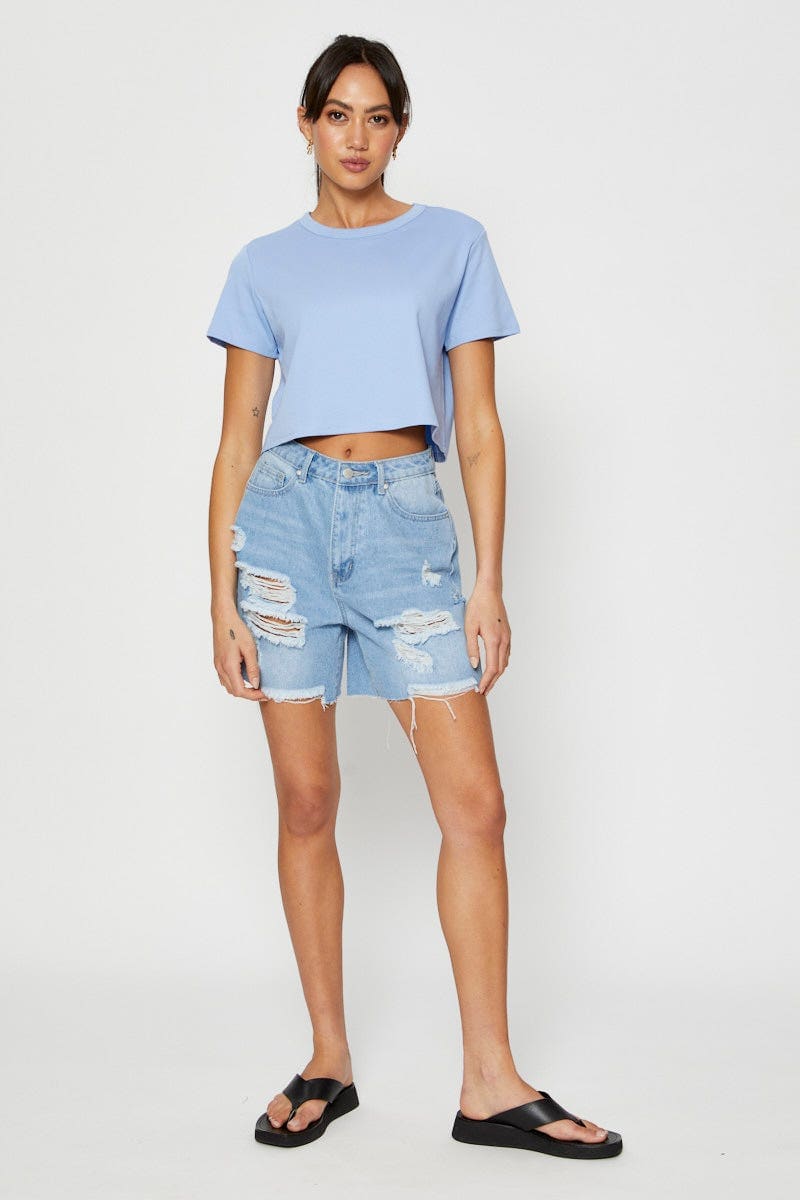 T-SHIRT Blue T Shirt Short Sleeve Crop Crew Neck Cotton for Women by Ally