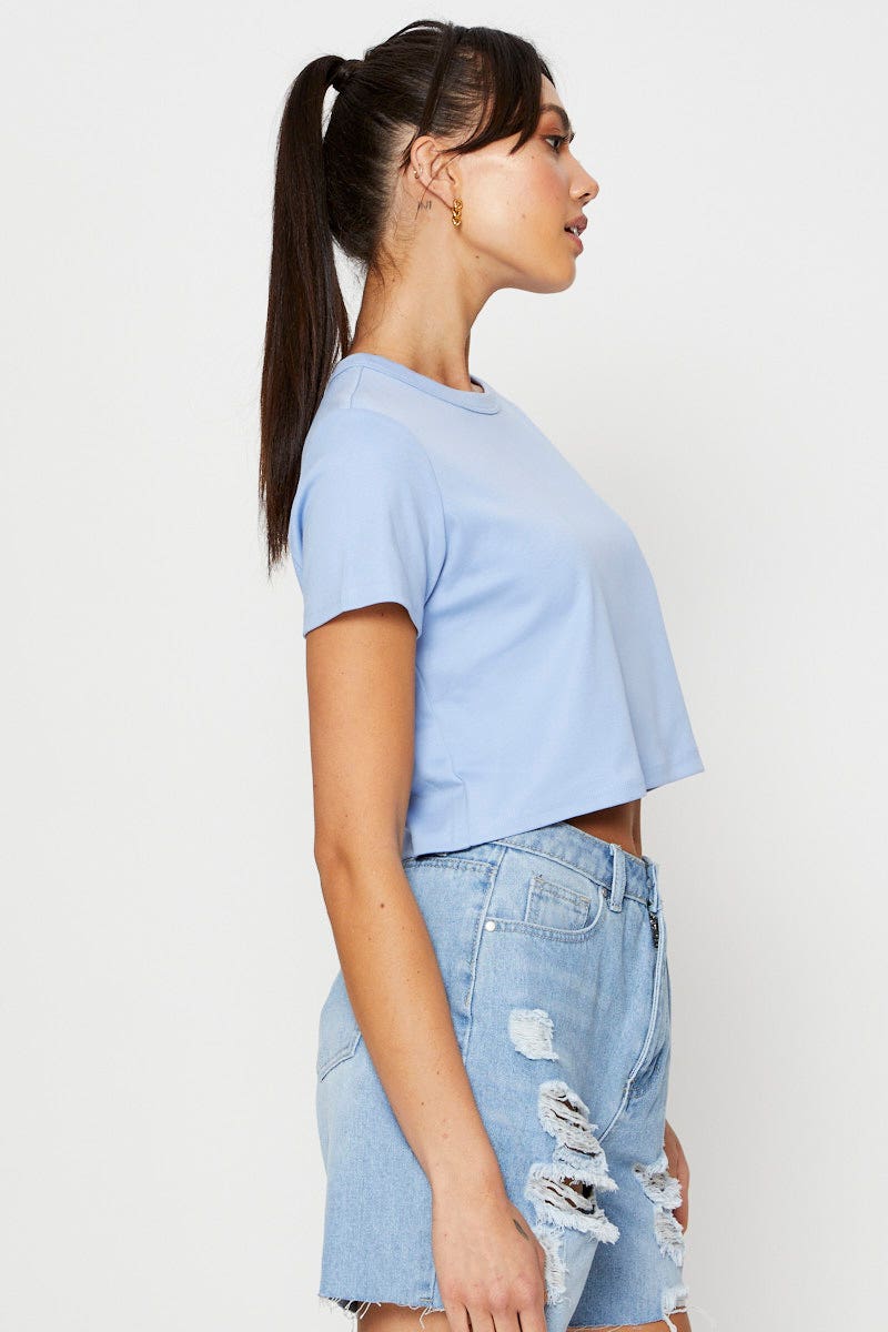 T-SHIRT Blue T Shirt Short Sleeve Crop Crew Neck Cotton for Women by Ally