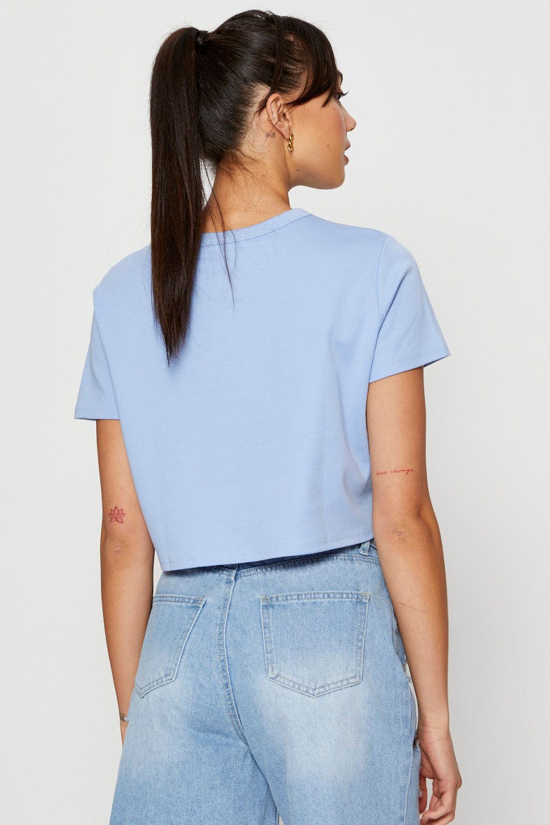 T-SHIRT Blue T Shirt Short Sleeve Crop Crew Neck Cotton for Women by Ally