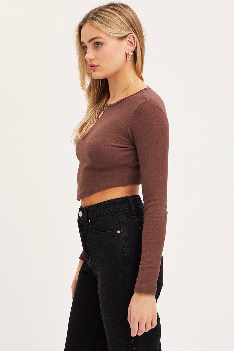 T-SHIRT Brown Crop Top Long Sleeve Crew Neck Seamless for Women by Ally
