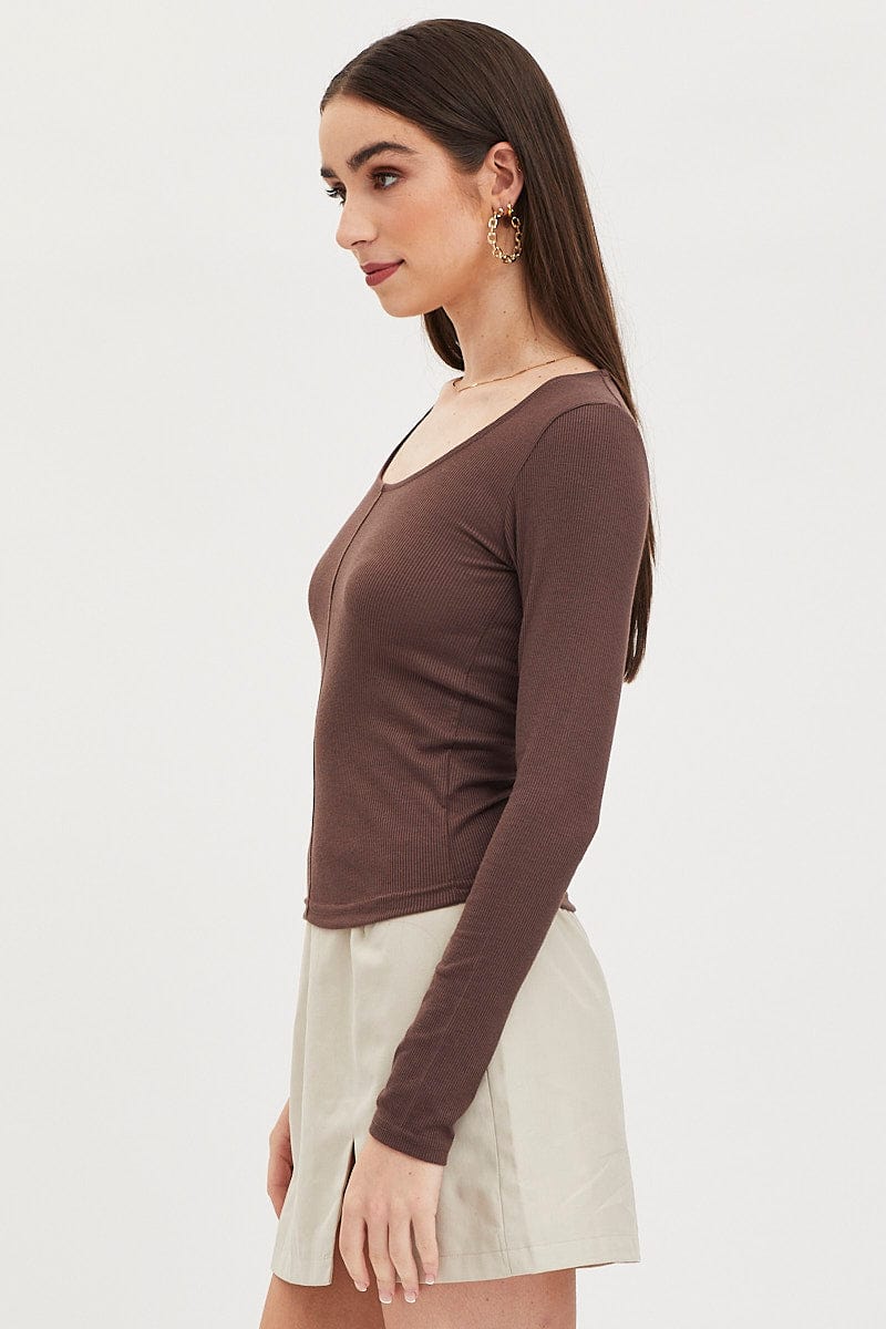 T-SHIRT Brown Top Long Sleeve Round Neck for Women by Ally
