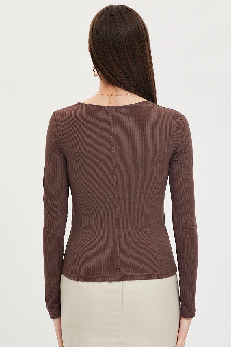 T-SHIRT Brown Top Long Sleeve Round Neck for Women by Ally