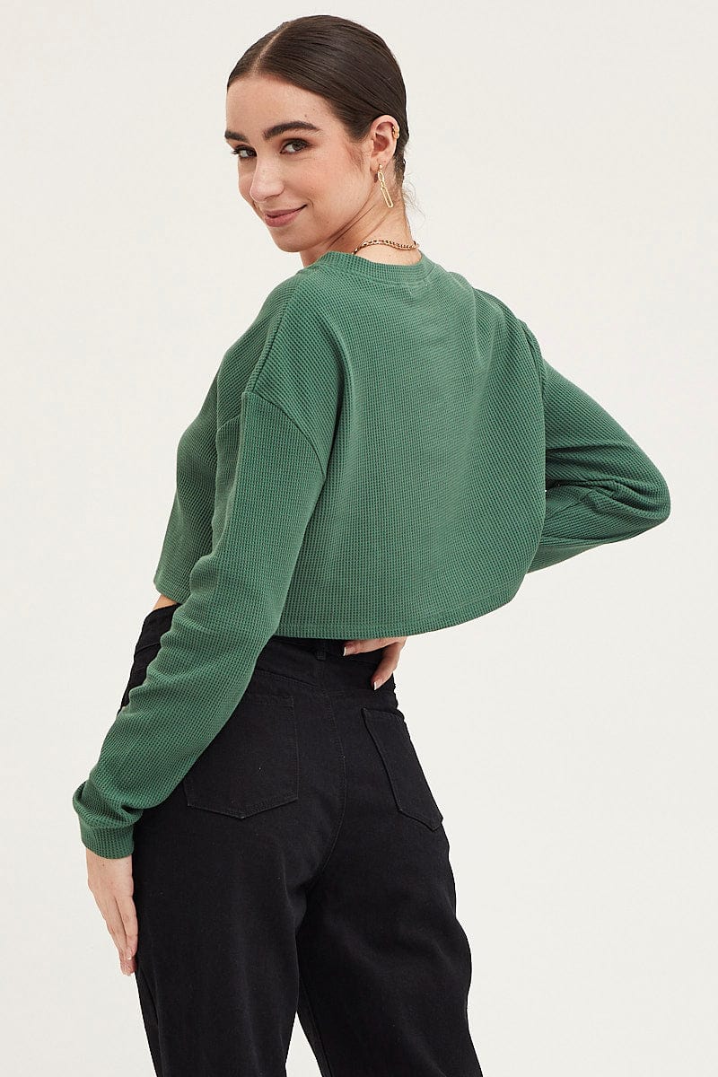 T-SHIRT Green Oversized Top Long Sleeve Crew Neck for Women by Ally