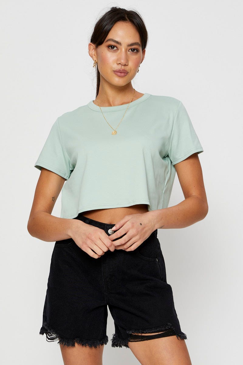 T-SHIRT Green T Shirt Short Sleeve Crop Crew Neck Cotton for Women by Ally