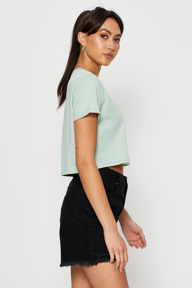 T-SHIRT Green T Shirt Short Sleeve Crop Crew Neck Cotton for Women by Ally