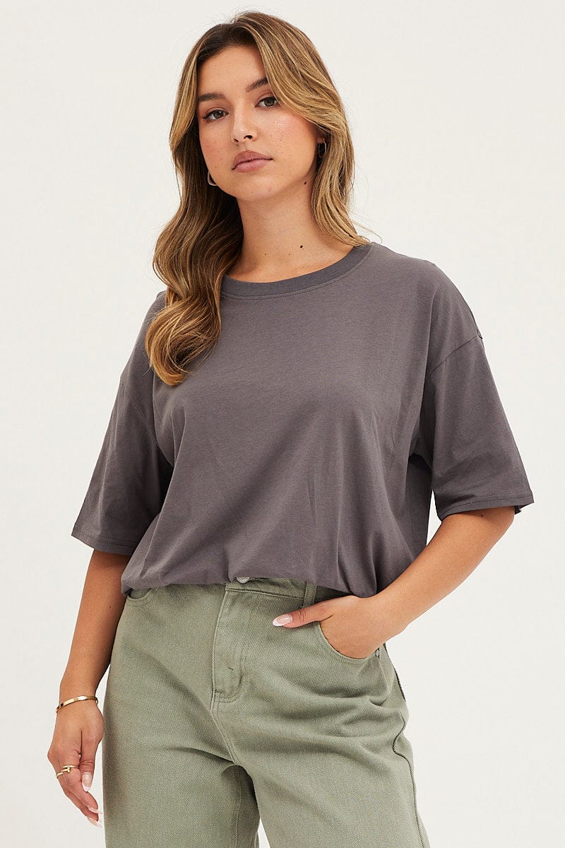 T-SHIRT Grey Oversized T Shirt Short Sleeve Crew Neck for Women by Ally