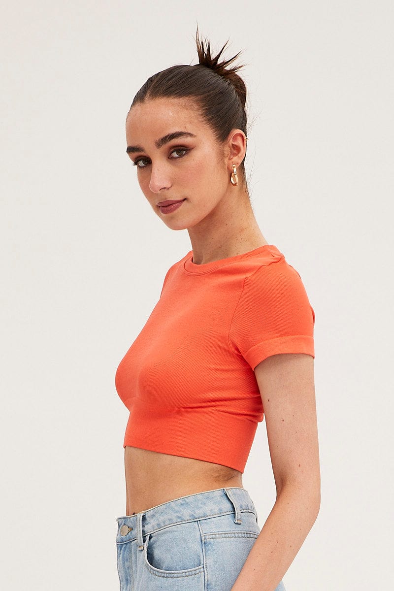 T-SHIRT Orange T Shirt Short Sleeve Crew Neck Seamless for Women by Ally