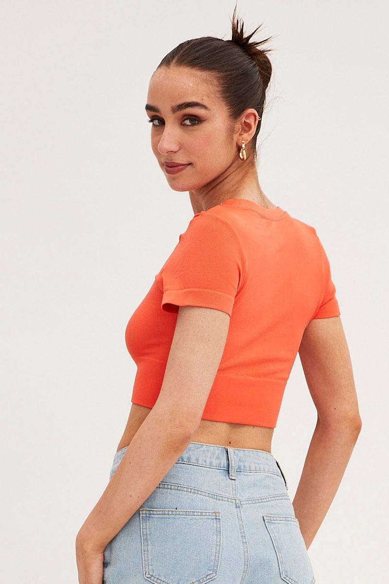 T-SHIRT Orange T Shirt Short Sleeve Crew Neck Seamless for Women by Ally