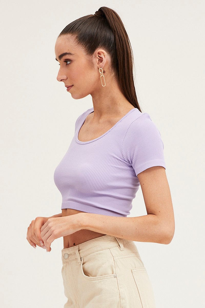T-SHIRT Purple T Shirt Short Sleeve Round Neck Seamless for Women by Ally