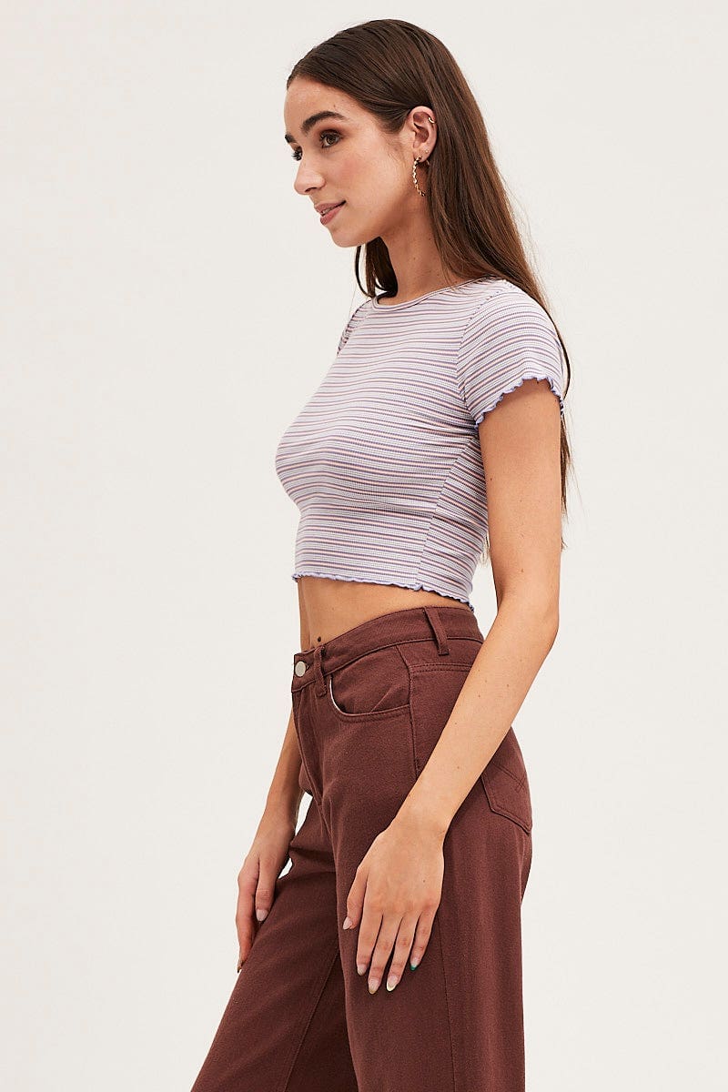 T-SHIRT Stripe Crew Neck Short Sleeve Crop T-Shirt for Women by Ally