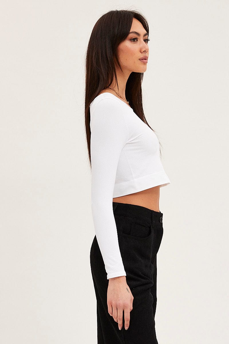 T-SHIRT White Crop Top Long Sleeve Crew Neck for Women by Ally