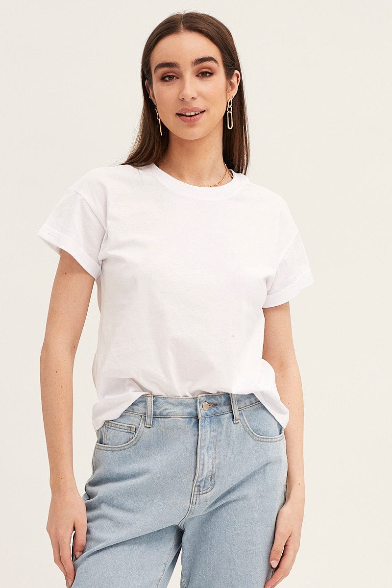 T-SHIRT White Roll Sleeve Crew Neck Tee for Women by Ally