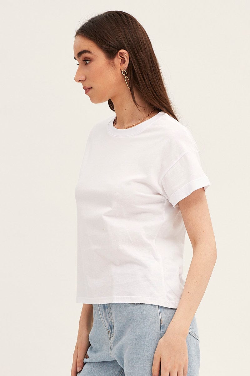 T-SHIRT White Roll Sleeve Crew Neck Tee for Women by Ally