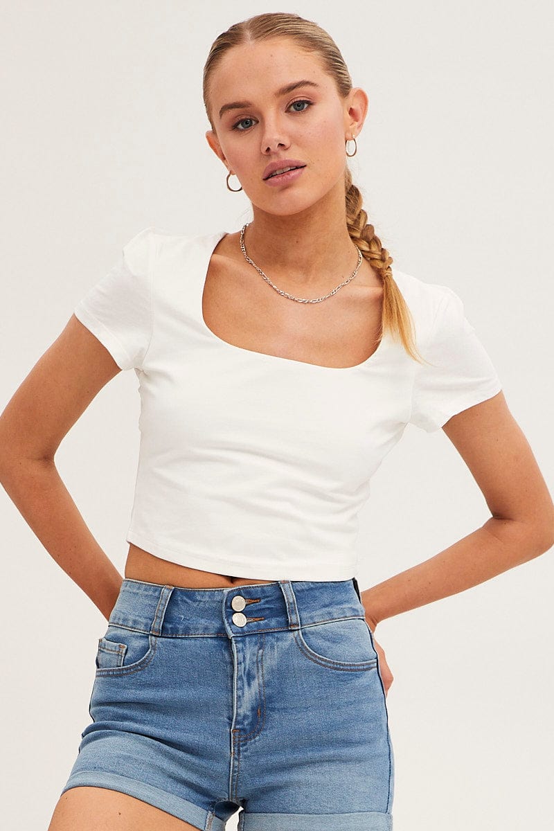 T-SHIRT White T Shirt Short Sleeve Crop Cotton for Women by Ally