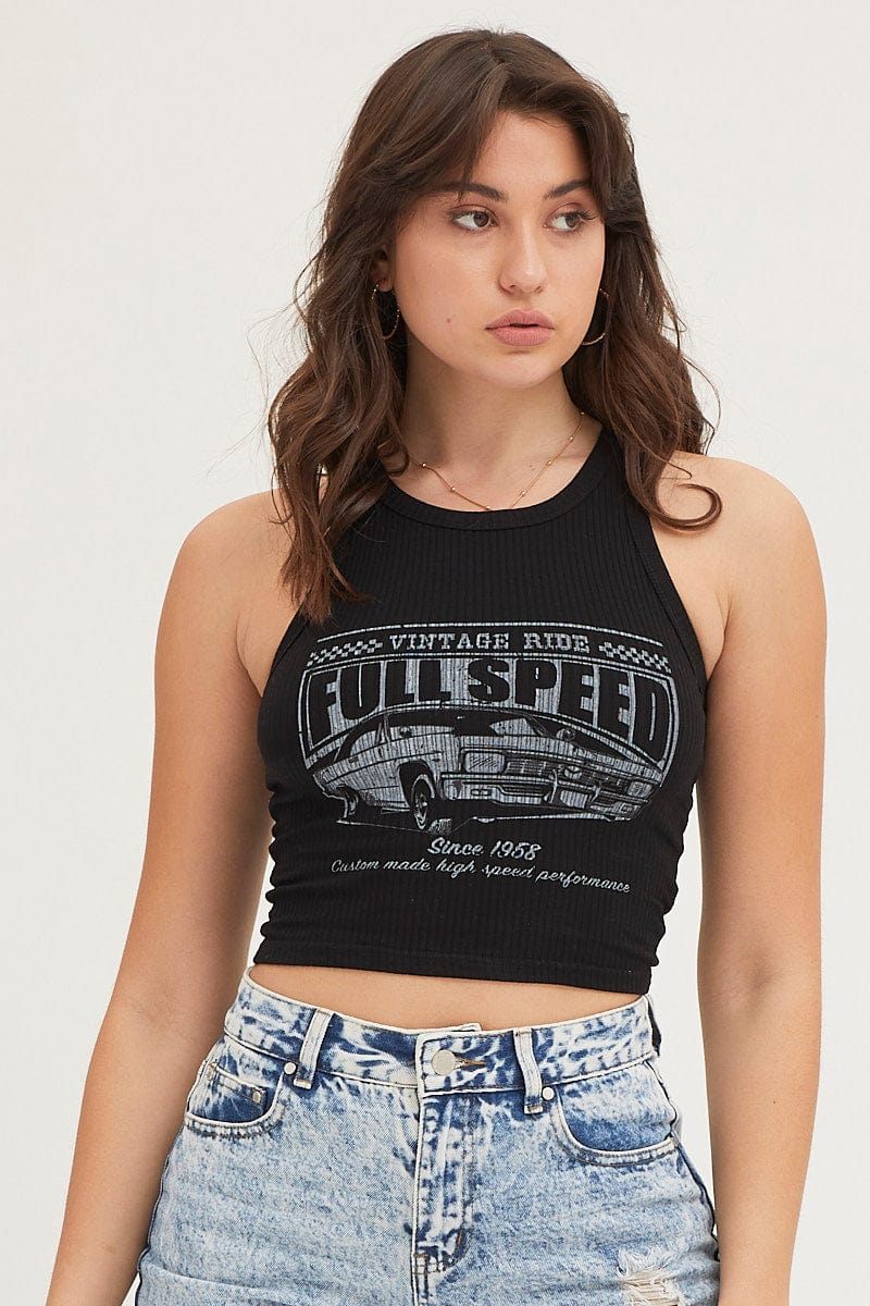 TANK Black Cropped Crew Neck Tank for Women by Ally