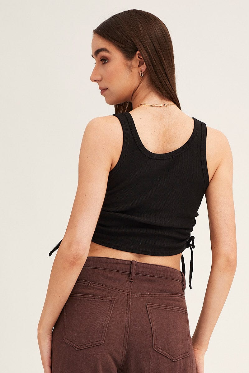 Black Drawstring Top Sleeveless Crew Neck Rib | Ally Fashion
