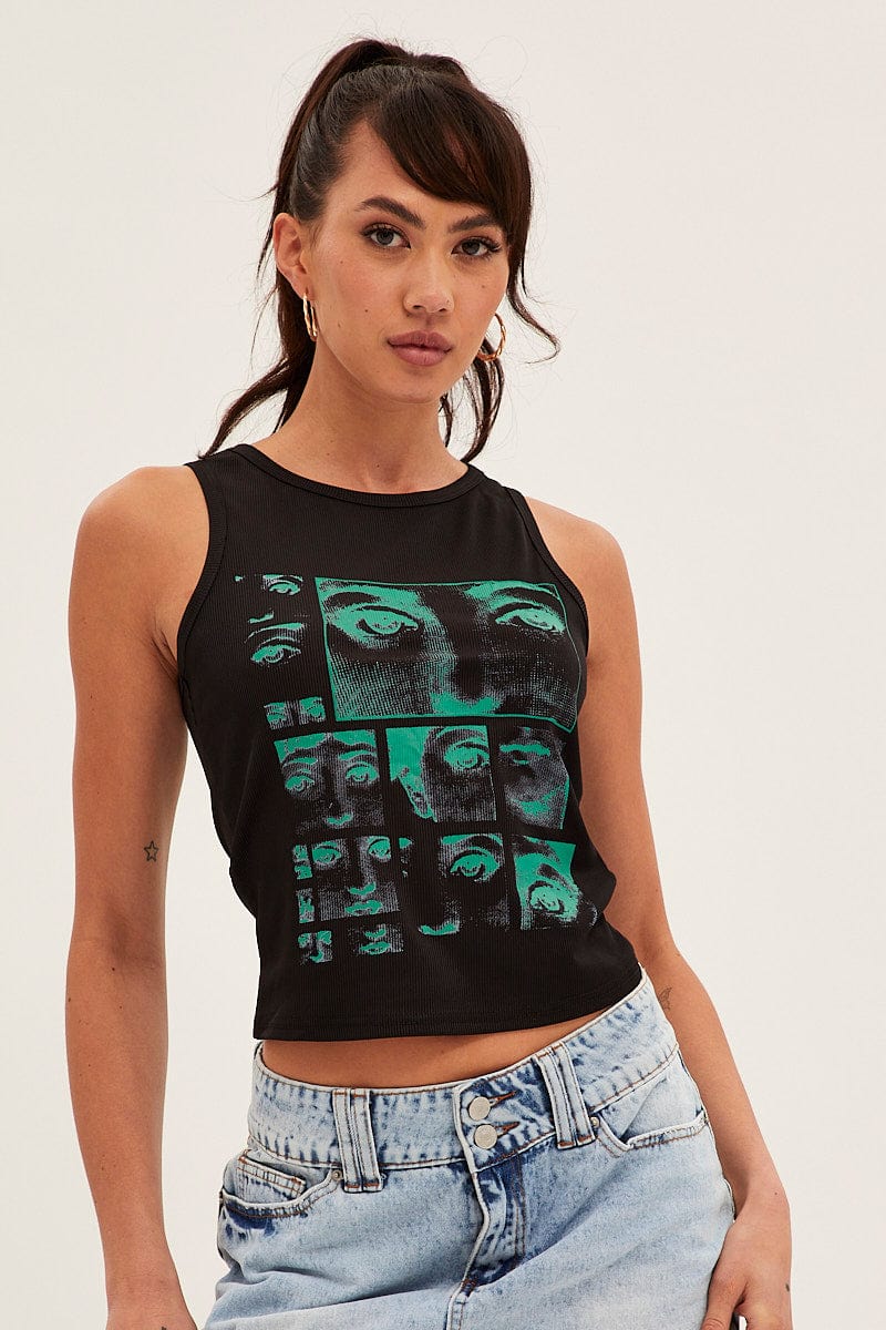 TANK Black Graphic Crop Top for Women by Ally