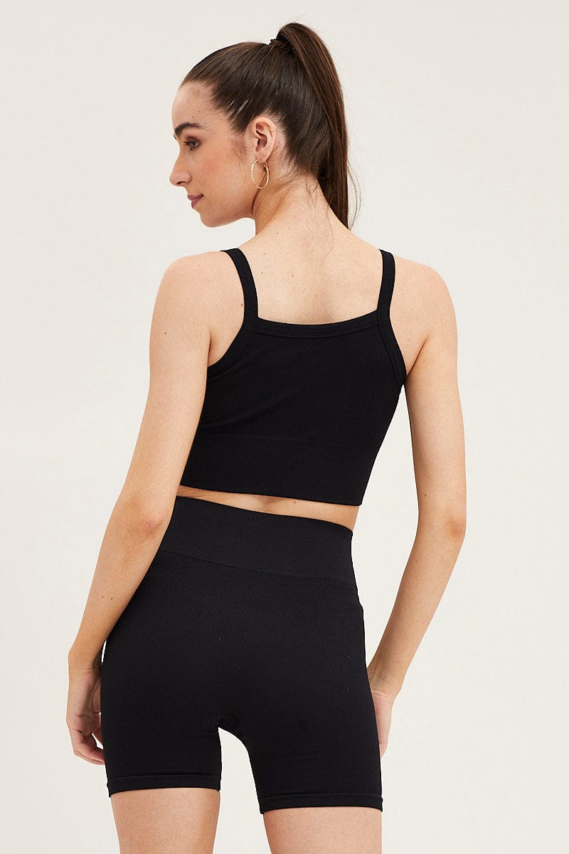 TANK Black High Neck Rib Bind Detail Seamless Tank for Women by Ally