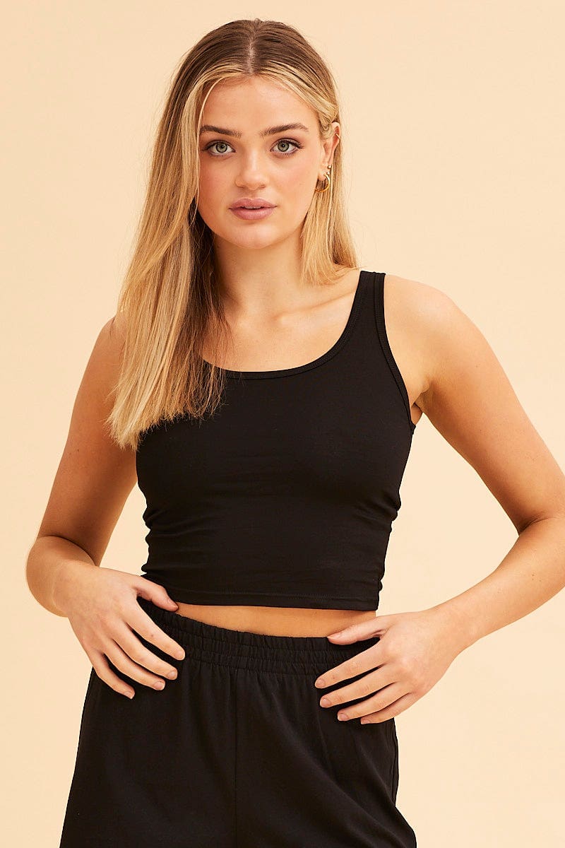 TANK Black Lila Cotton Stretch Cropped Tank Top for Women by Ally