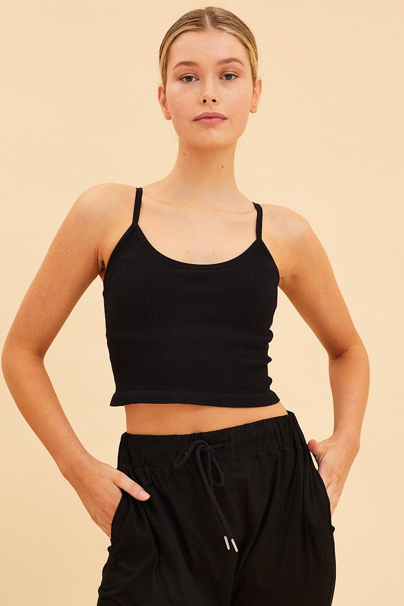 TANK Black Seamless Singlet Top Scoop Neck Rib Crop for Women by Ally
