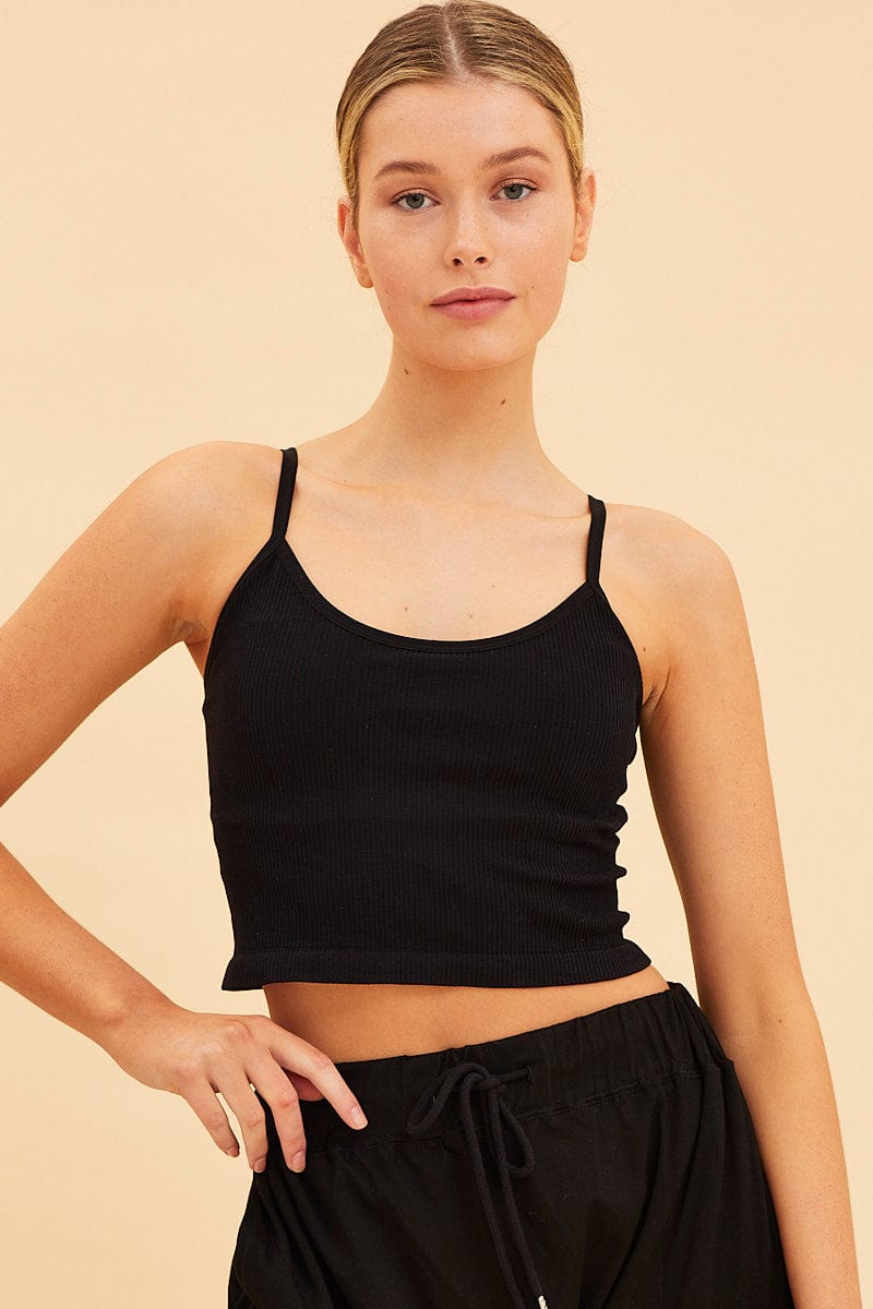 TANK Black Seamless Singlet Top Scoop Neck Rib Crop for Women by Ally