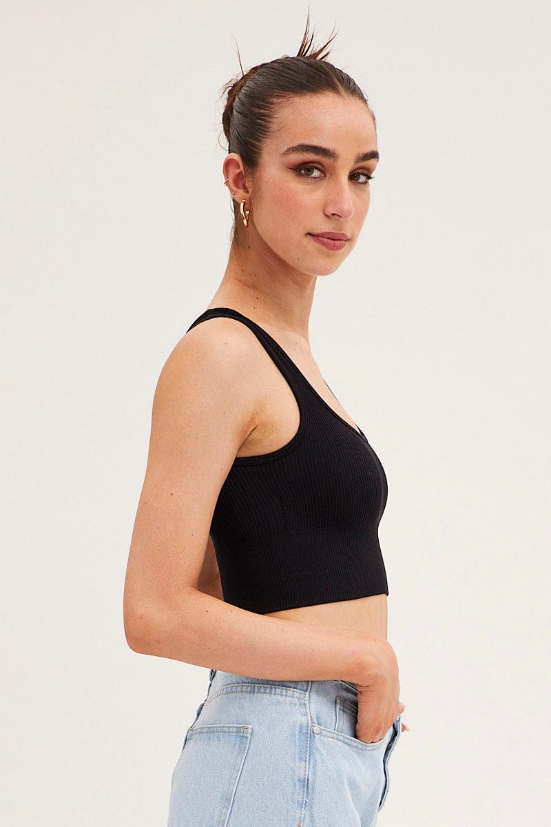 TANK Black Seamless Top Scoop Neck Crop for Women by Ally