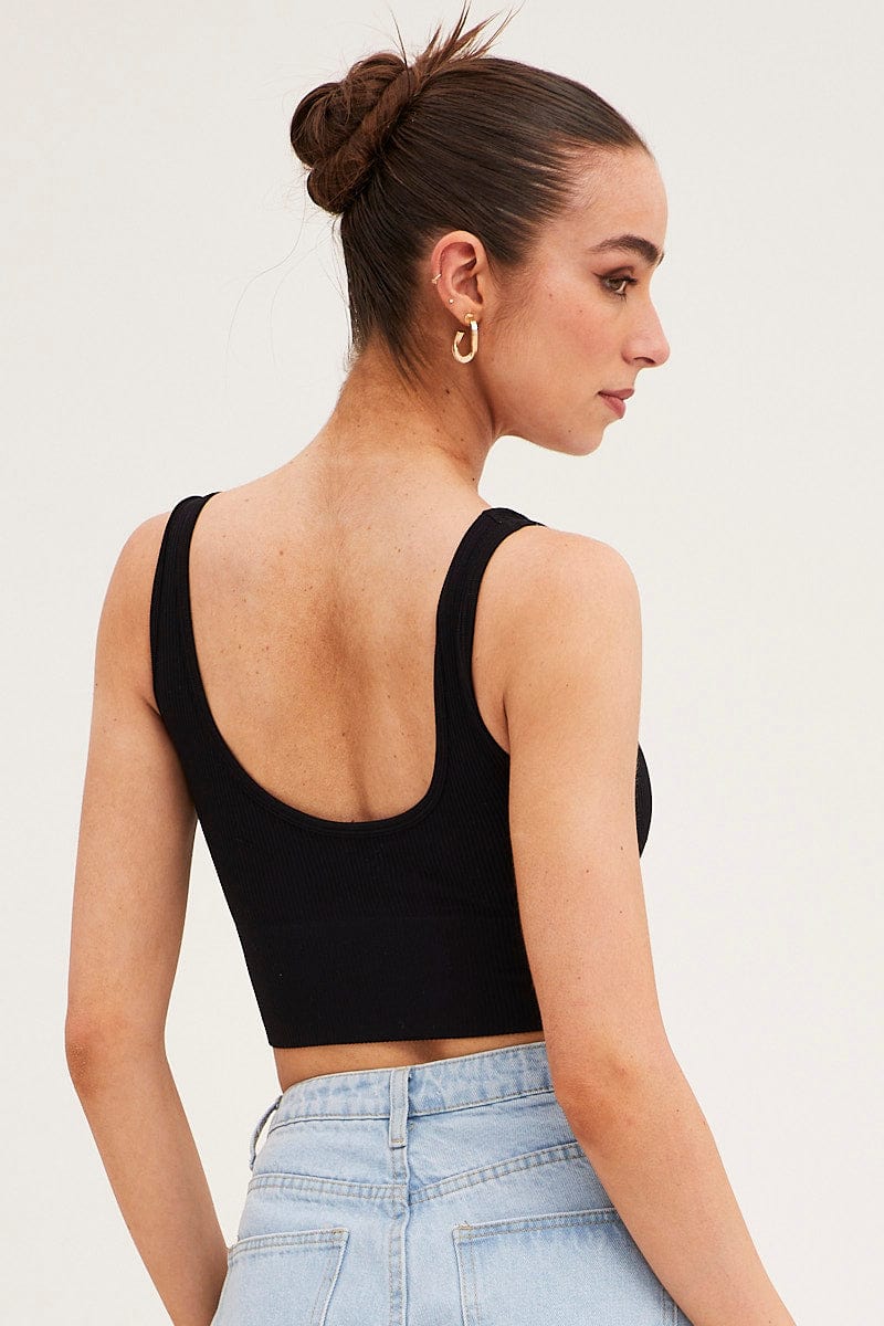 TANK Black Seamless Top Scoop Neck Crop for Women by Ally