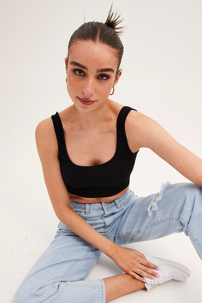 TANK Black Seamless Top Scoop Neck Crop for Women by Ally