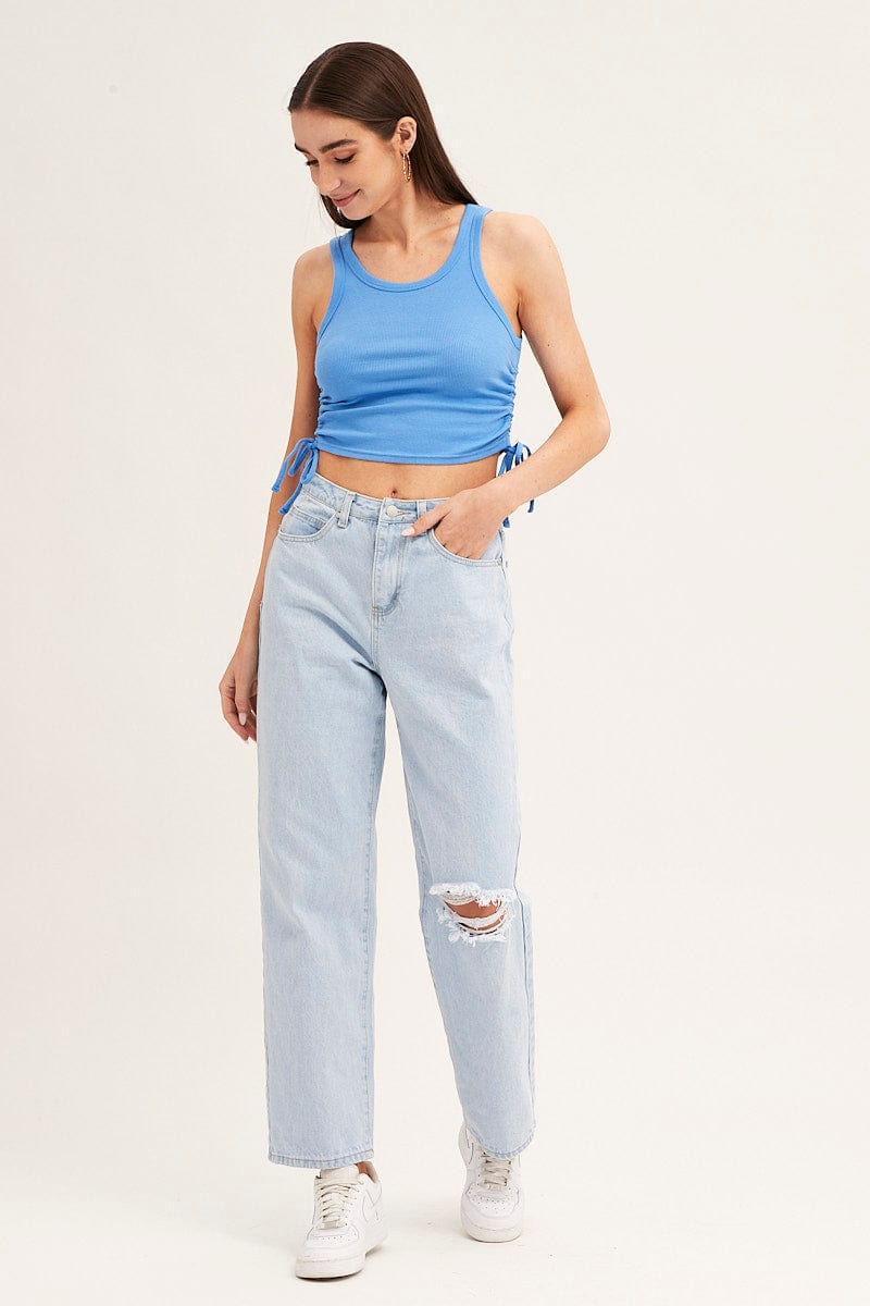 Blue Drawstring Top Sleeveless Crew Neck Rib | Ally Fashion