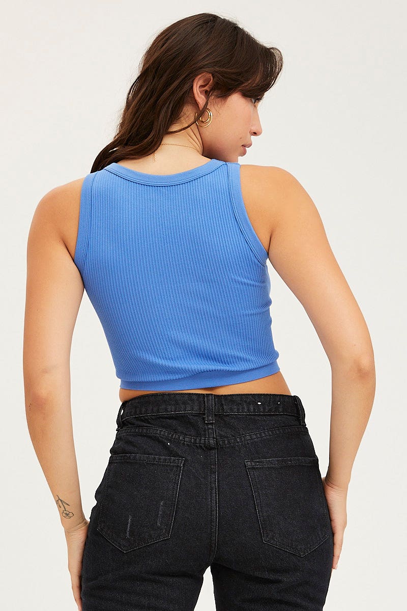 TANK Blue Tank Top Crew Neck Seamless for Women by Ally