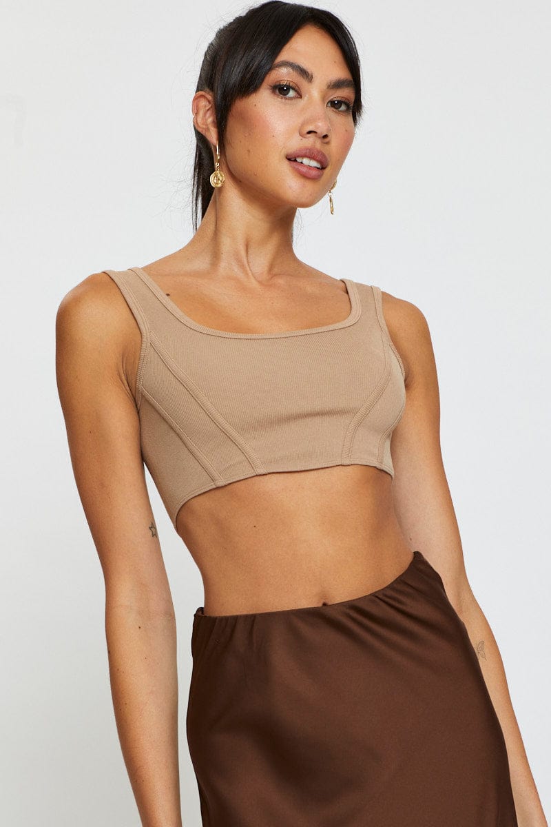 TANK Brown Crop Tank Top Sleeveless Round Neck Seamless for Women by Ally