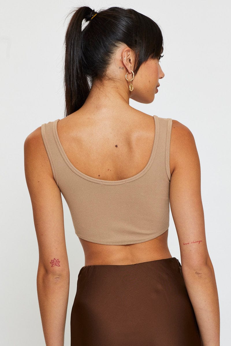 TANK Brown Crop Tank Top Sleeveless Round Neck Seamless for Women by Ally