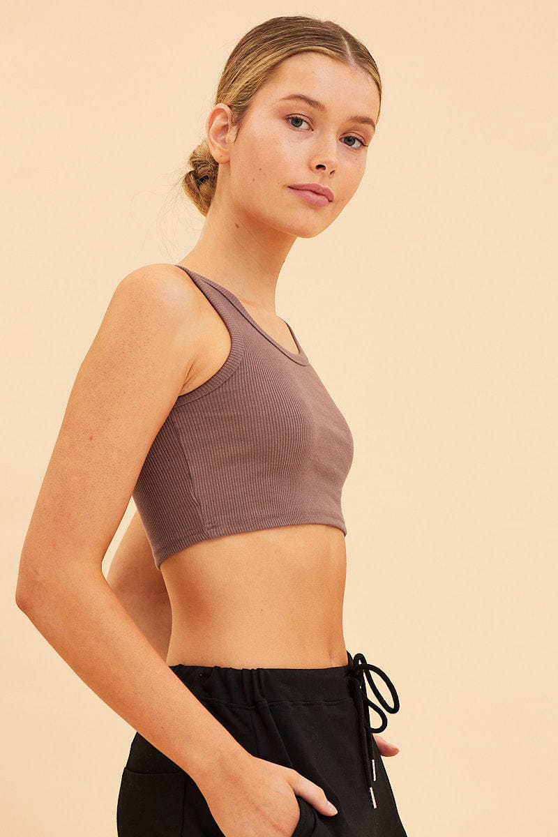 TANK Brown Cropped Tank Cotton Blend Rib Racer Back for Women by Ally
