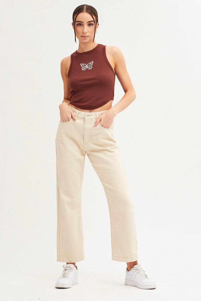 Brown Tank Crew Neck Curved Hem Rib | Ally Fashion