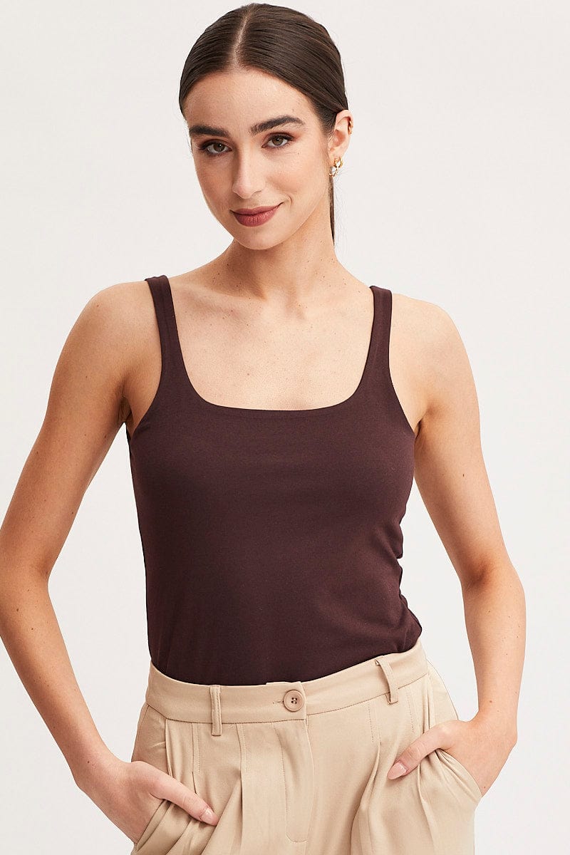 TANK Brown Tank Top Sleeveless Square Neck Cotton for Women by Ally