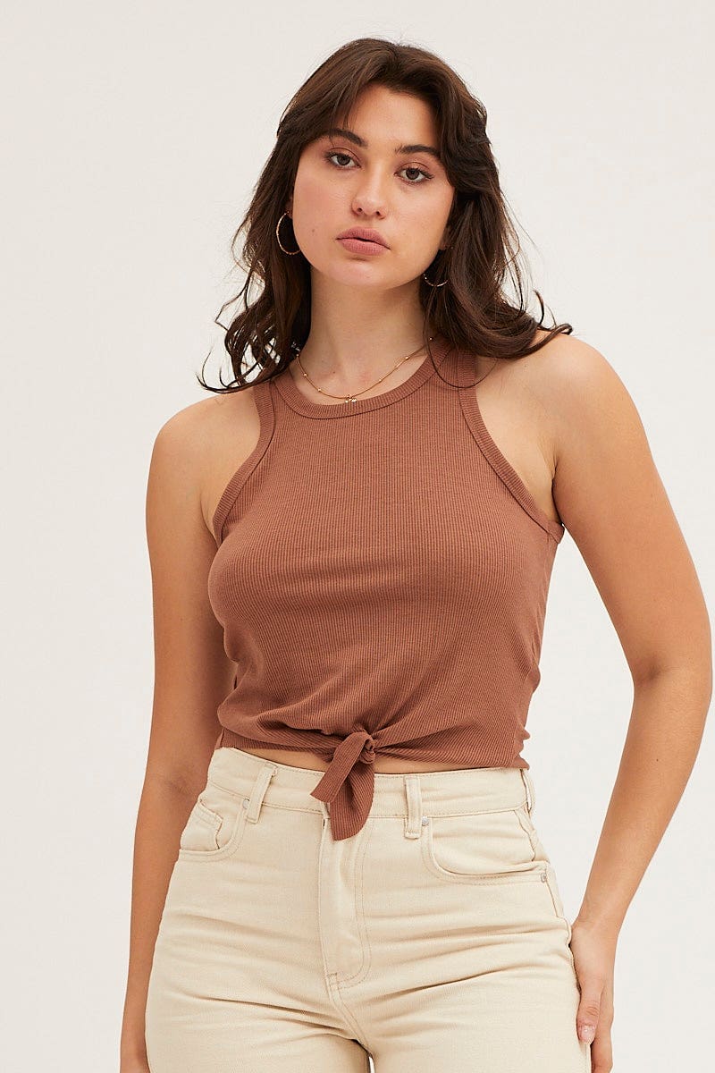 TANK Camel Rib Knot Front Tank Top for Women by Ally