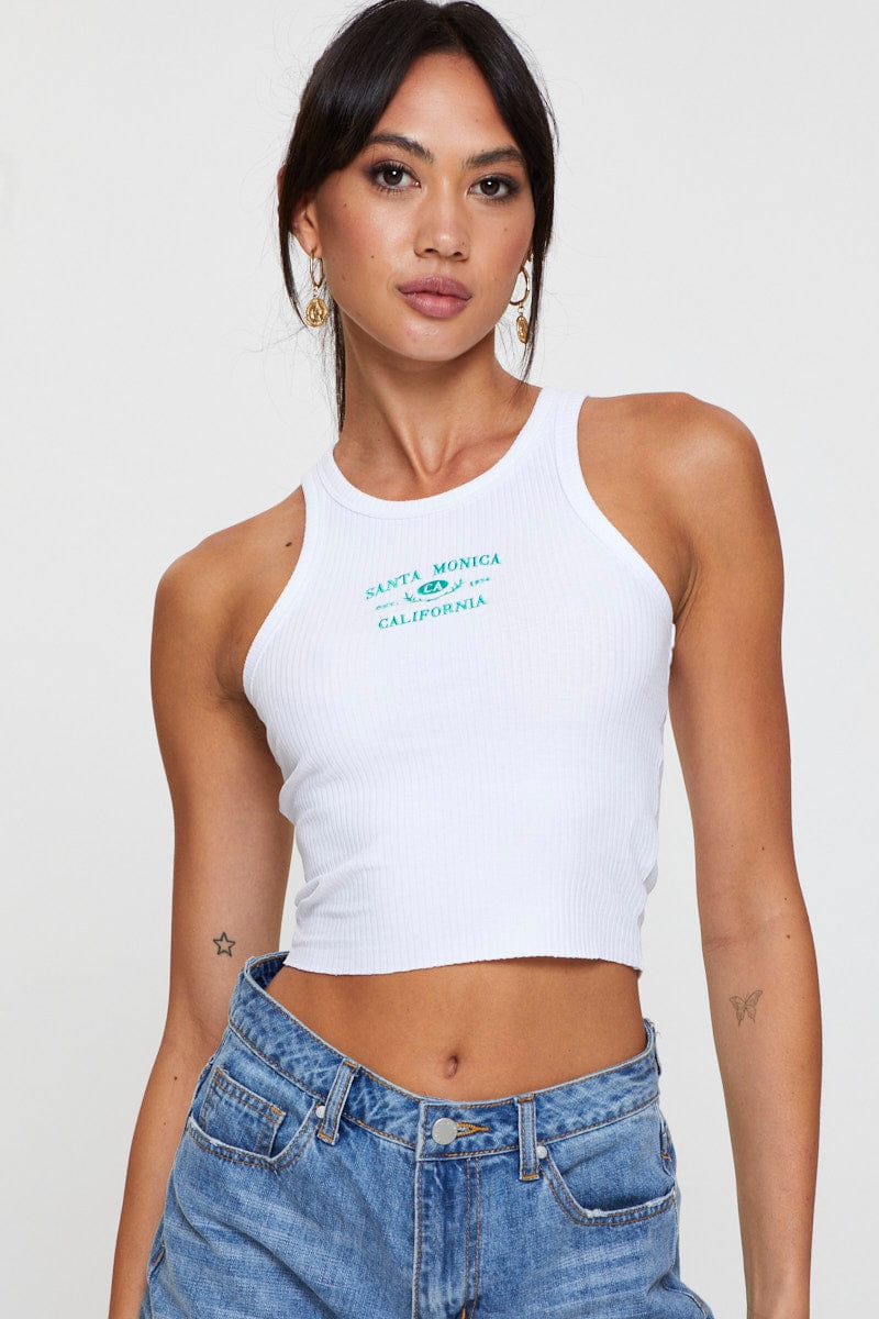 TANK CROP White Graphic Tank Embroided for Women by Ally