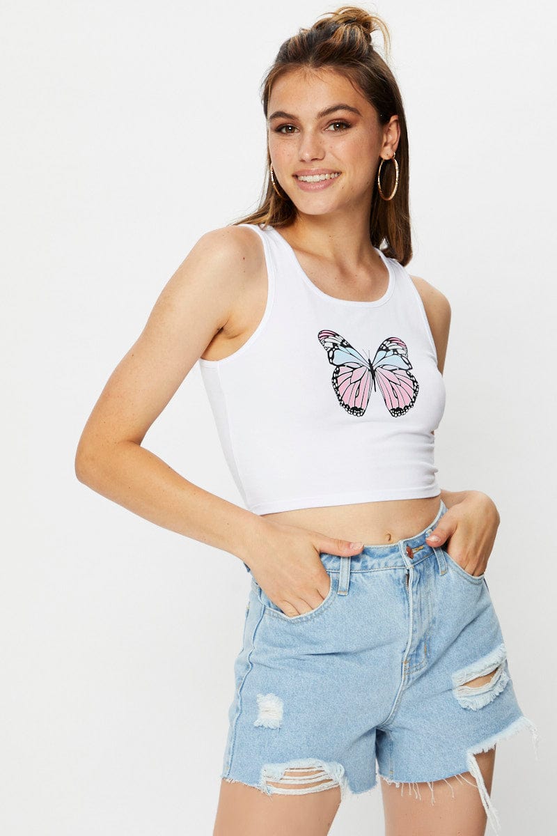 TANK CROP White Jersey Butterfly Graphic Print Tank Top for Women by Ally