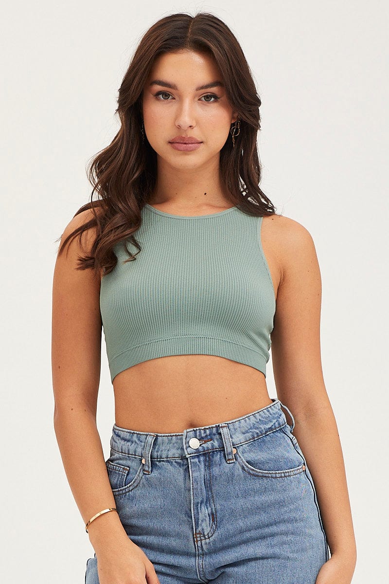 TANK Green Tank Top Sleeveless Crew Neck for Women by Ally