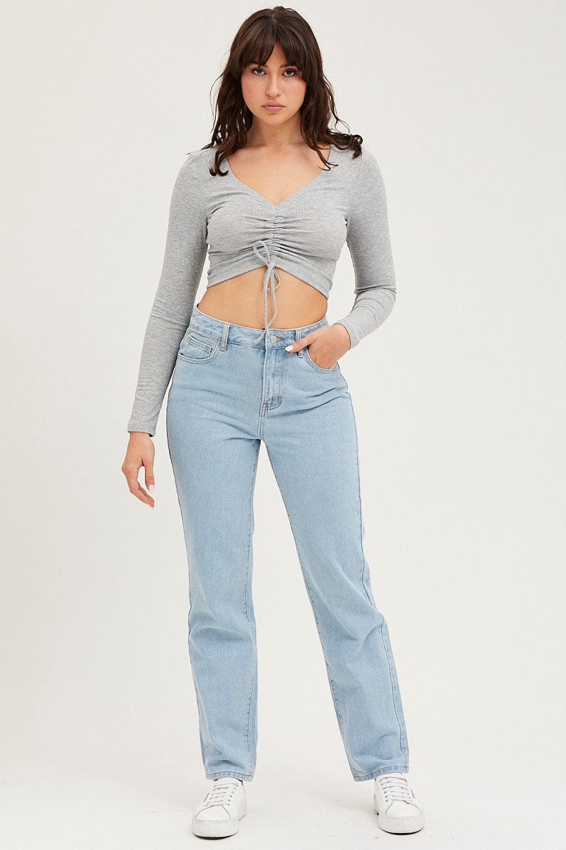 TANK Grey Rib Crop Top Long Sleeve for Women by Ally