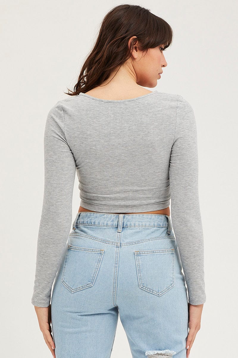 TANK Grey Rib Crop Top Long Sleeve for Women by Ally