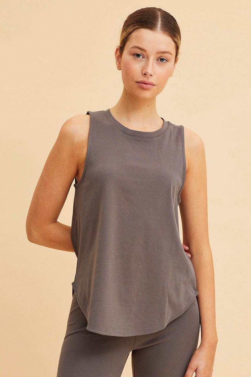 TANK Grey Sleeveless Tank Cotton Crew Neck Curved Hem for Women by Ally