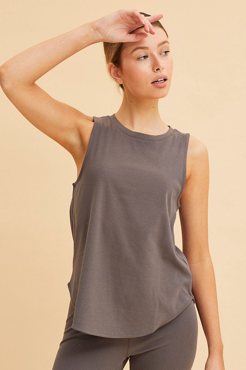 TANK Grey Sleeveless Tank Cotton Crew Neck Curved Hem for Women by Ally